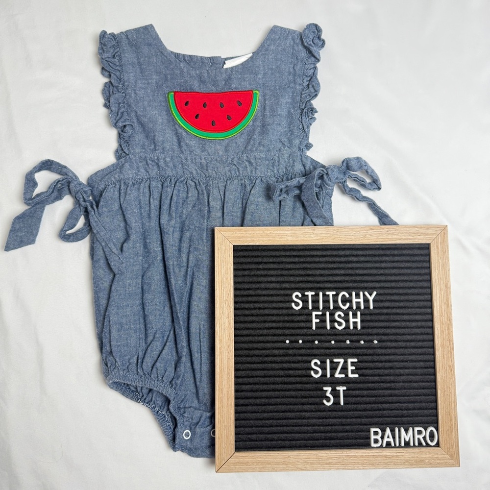 Stitchy Fish Watermelon Chambray Romper with ties and ruffles size 3T